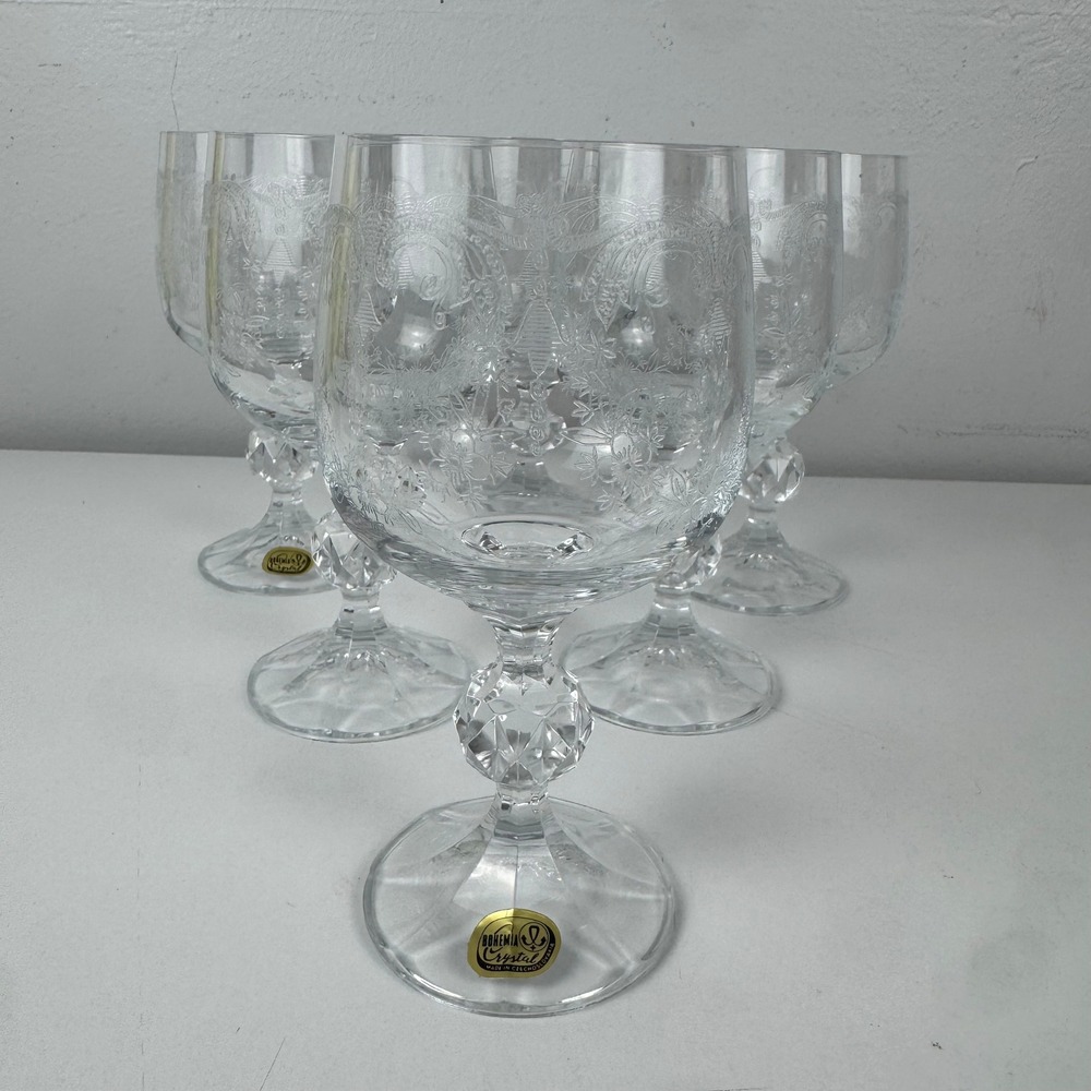 Vtg Bohemia Crystal Czechoslovakia Etched Wine Goblets Set 6 Faceted Stem